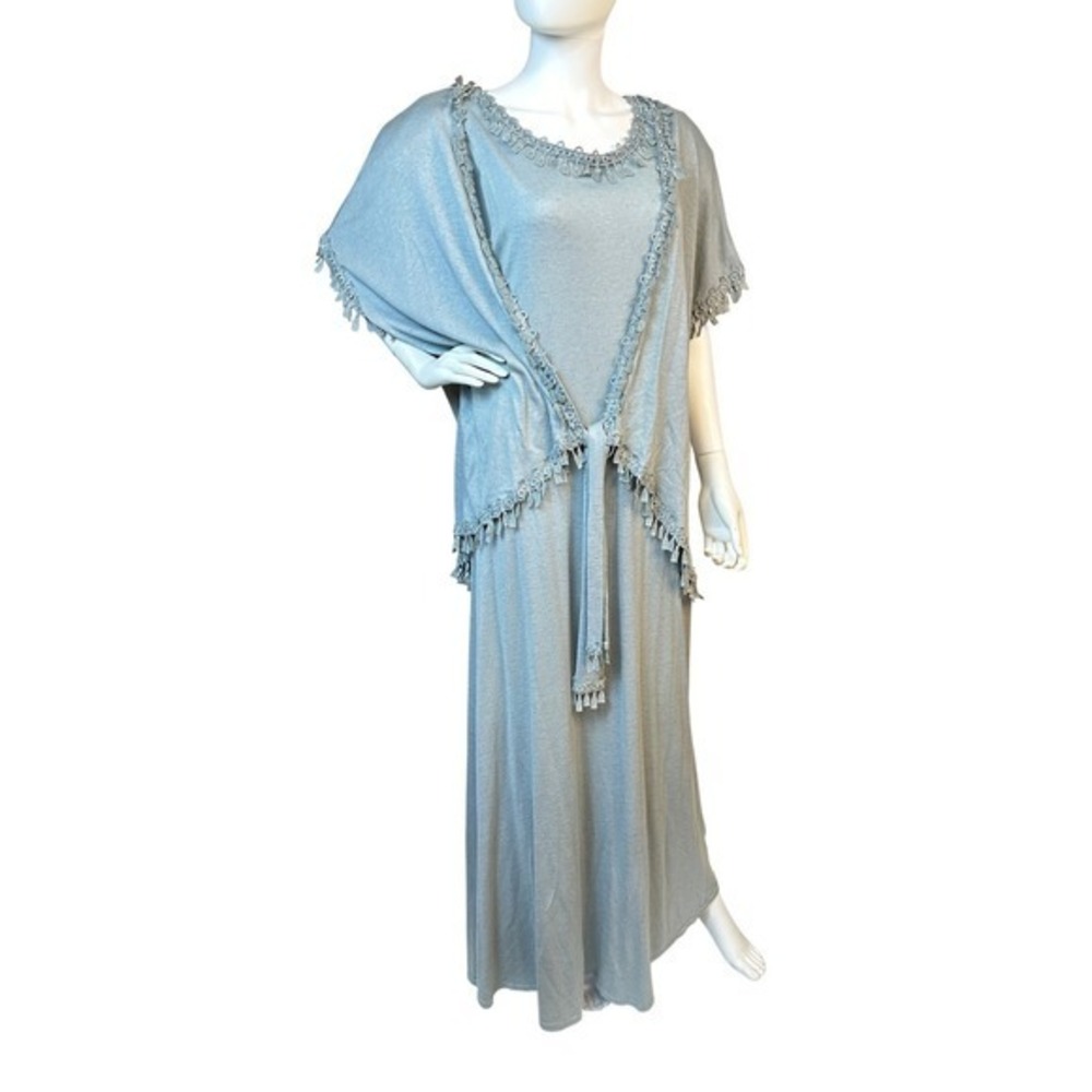 Vintage 90s Maxi Knit Dress & Fringed Shawl Set Linda‎ Lundstrom Linen Blend KC